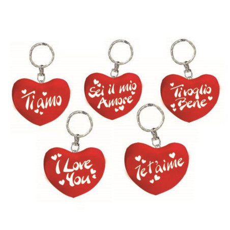 5 Portachiavi cuore morbido rosso in tessuto elasticizzato con scritta romantica bianca 5 pezzi con scritte assortite