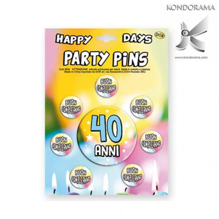 3634-04 SET SPILLE "PARTY PINS" 40 ANNI COMPLEANNO