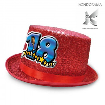 2734-01 CAPPELLO CILINDRO GLITTER ROSSO CON APPLICAZIONE RESINATA 18 ANNI COMPLEANNO