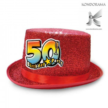 2734-04 CAPPELLO CILINDRO GLITTER ROSSO CON APPLICAZIONE RESINATA “50 ANNI BIRTHDAY PARTY” BUON COMPLEANNO