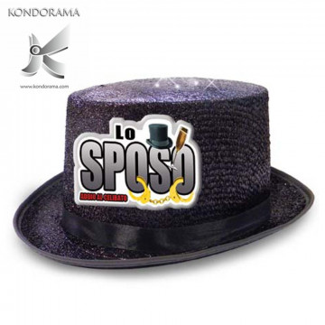 2734-09 CAPPELLO CILINDRO GLITTER NERO CON APPLICAZIONE RESINATA “LO SPOSO” ADDIO AL CELIBATO PARTY