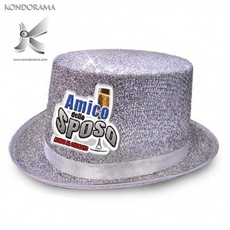 2734-10 CAPPELLO CILINDRO GLITTER ARGENTO CON APPLICAZIONE RESINATA “AMICO DELLO SPOSO” ADDIO AL CELIBATO PARTY