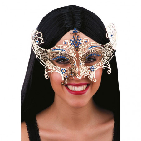 00709-1 MASCHERA METALLO ORO STRASS BLU