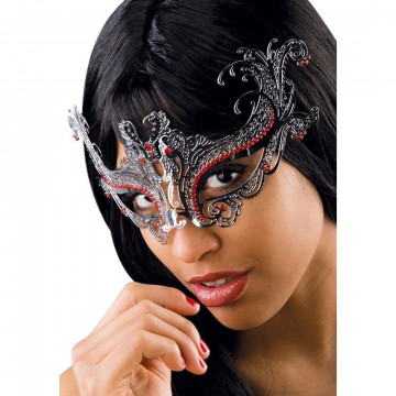 00732-1 MASCHERA METALLO ARGENTO STRASS ROSSI