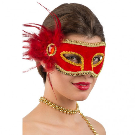 00760-1 MASCHERA ROSSA IN PLASTICA RIGIDA C/VELLUTO, PIUME E GEMMA