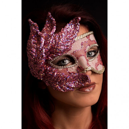 01253-1 MASCHERA PREZIOSA C/FOGLIE GLITTER ROSA