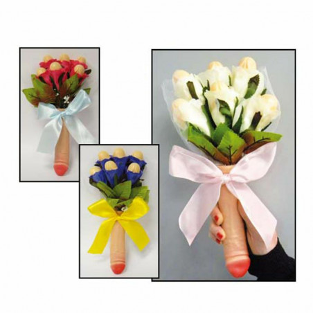 BOUQUET MUSICALE MANICO FALLICO E 6 FIORI COLORI ASSORTITI CON PISELLI NUBILATO