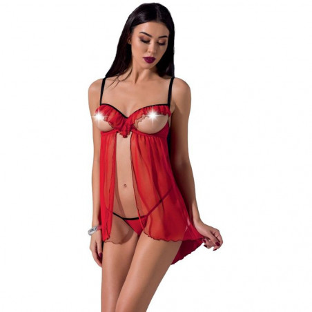 PASSION WOMAN CHERRY CHEMISE S/M BABYDOLL ROSSO OPEN TOP TRASPARENTE LINGERIE INTIMO SEXY