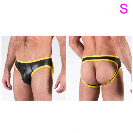 136189 OPEN FOR NOW BOTTOMS – YELLOW MUTANDINA UOMO GAY IN NEOPRENE NERO CON BORDO GIALLO APERTA DIETRO TAGLIA S