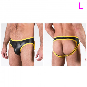 136191 OPEN FOR NOW BOTTOMS – YELLOW MUTANDINA UOMO GAY IN NEOPRENE NERO CON BORDO GIALLO APERTA DIETRO TAGLIA L