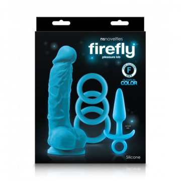 KIT DEL PIACERE FIREFLY DILDO PLUG ANALE E ANELLI FALLICI IN SILICONE AZZURRO