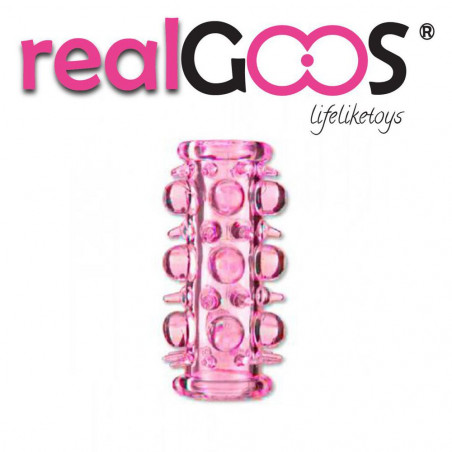 RealGOOS® GUAINA FALLICA ELASTICA SUPER STRETCH PENIS SLEEVE IN TPE ROSA APERTA IN PUNTA CON STIMOLATORI