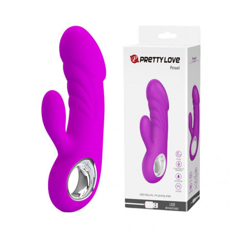 PRETTY LOVE ANSEL VIBRATORE VAGINALE IN SILICONE VIOLA CON STIMOLATORE CLITORIDE E ANELLO CROMATO RICARICABILE USB