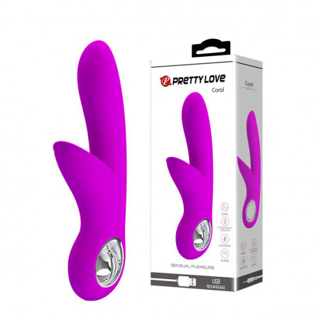 PRETTY LOVE CAROL VIBRATORE VAGINALE IN SILICONE VIOLA CON STIMOLATORE CLITORIDE E ANELLO CROMATO RICARICABILE USB