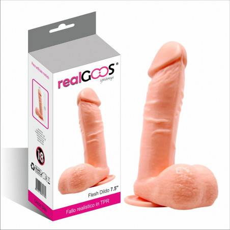 RealGOOS® FALLO REALISTICO DILDO CLASSICO CON VENTOSA E TESTICOLI IN MORBIDO TPR COLOR CARNE 195 MM