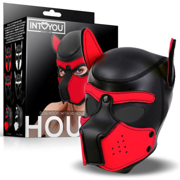 INTOYOU BDSM LINE HOUND DOG MASCHERA CANE FETISH IN NEOPRENE NERO CON MUSO RIMOVIBILE E INSERTI ROSSI